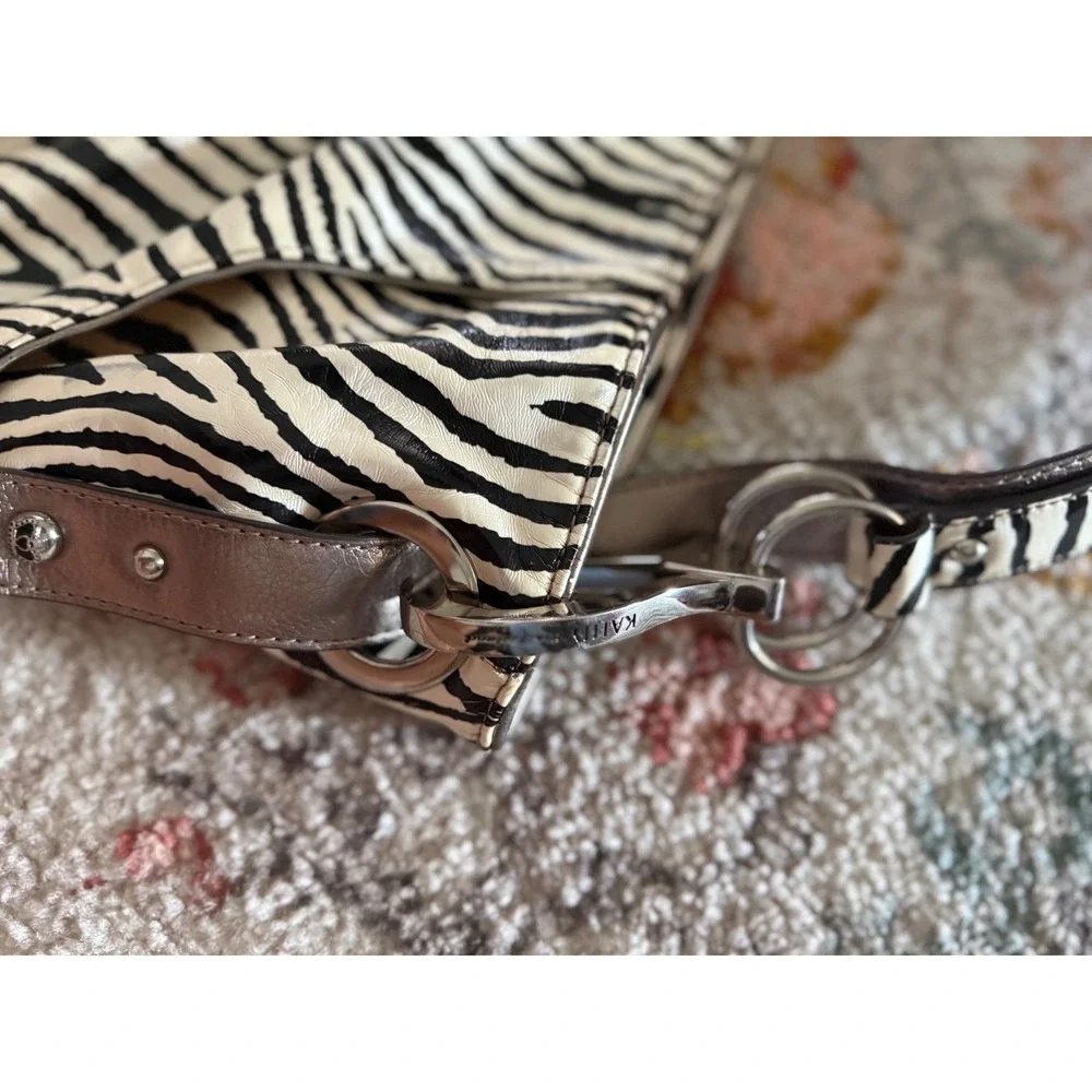 Kathy Van Zeeland Zebra Print Hobo Bag Metallic Pewter Trim Y2K Animal Print
